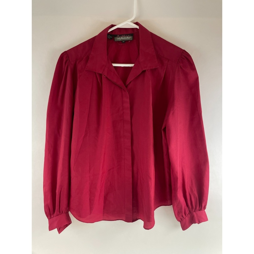 Lady Manhattan Blouse Shirt Women's Size 12 Red Button Up Long Sleeve Silk Blend